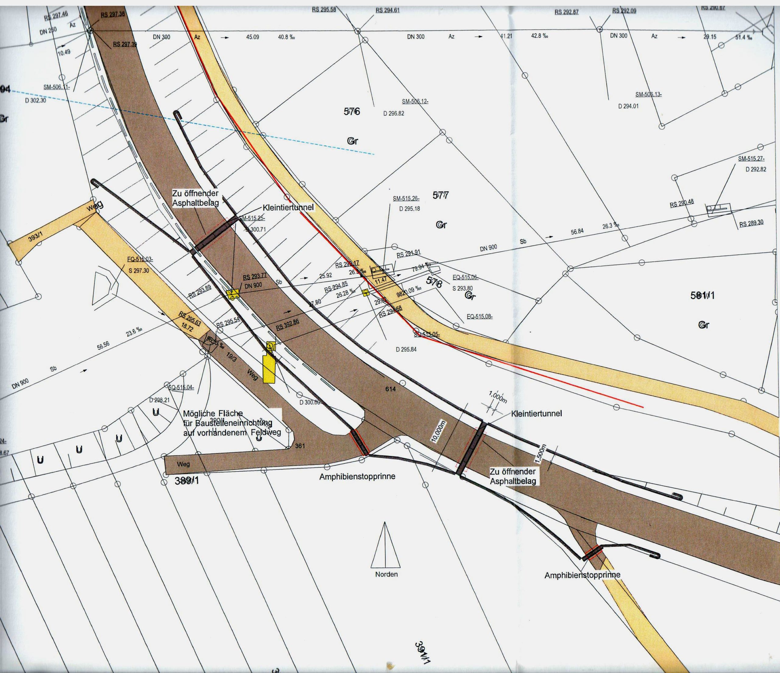 Planungsstand 2008 für das Amphibienleitsystem und die Tunnel unter der Kreis Straße