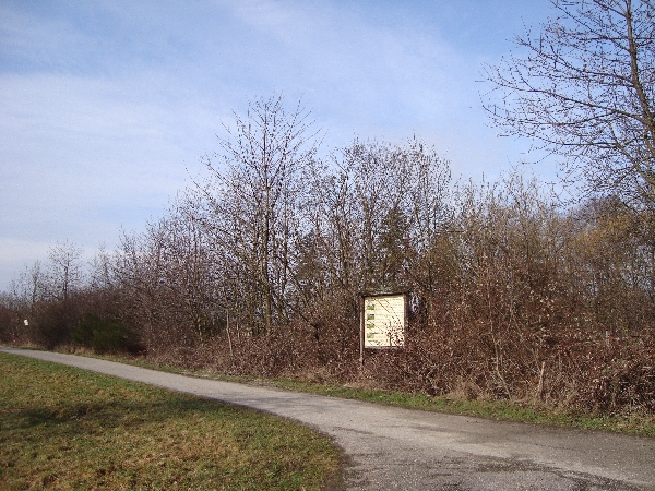 Blick auf Infotafel zur Benjeshecke.